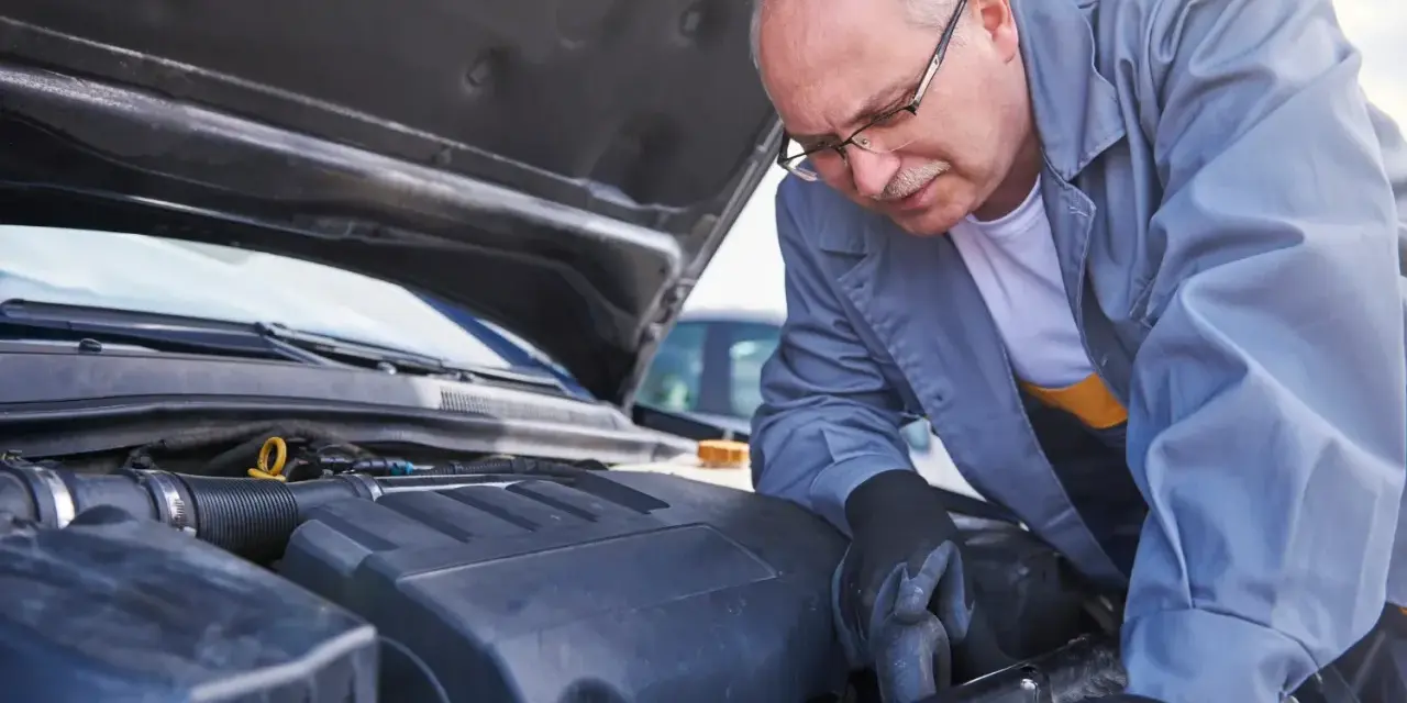 Mechanik w okularach naprawia silnik samochodu pod otwartą maską.