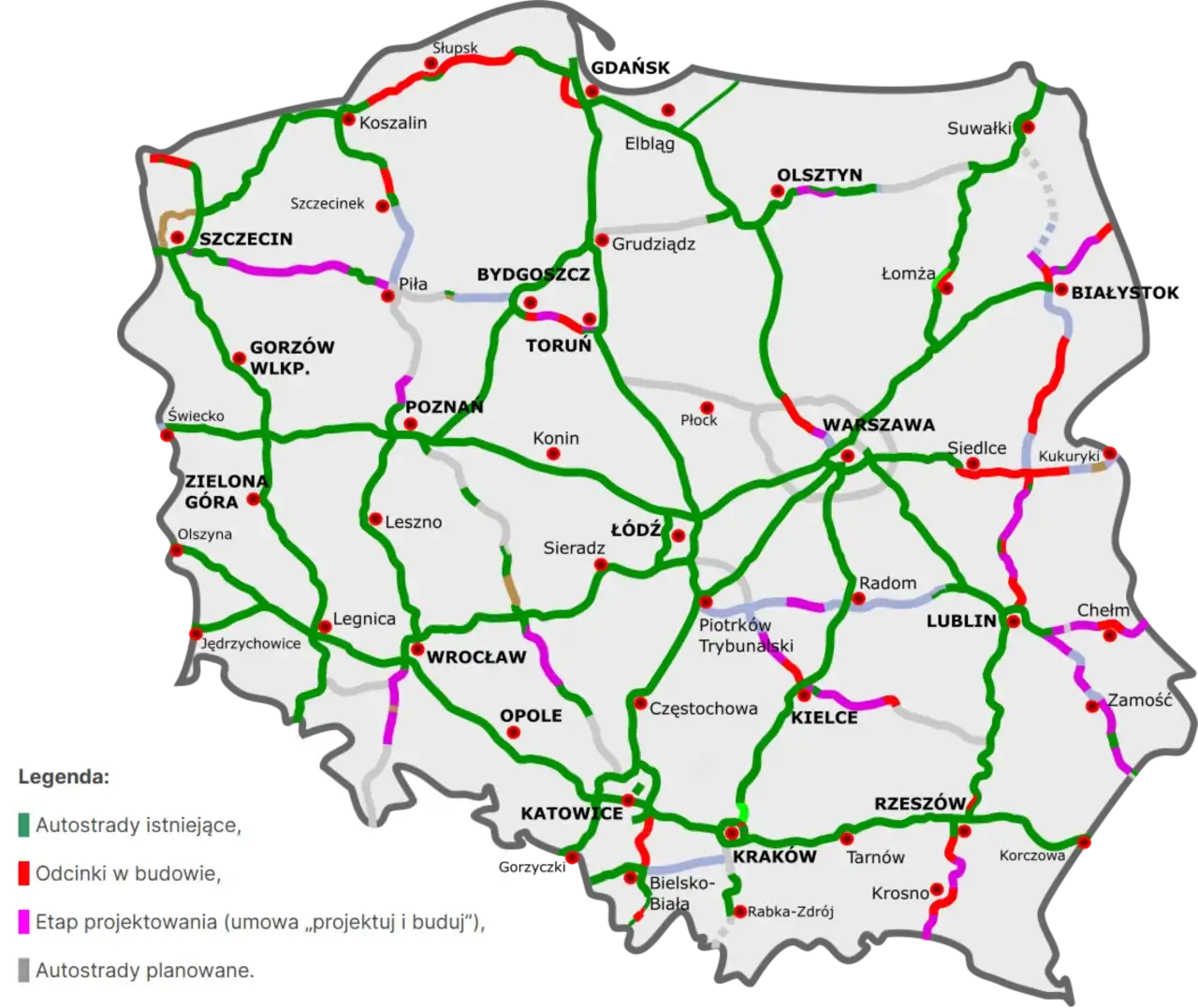 Mapa autostrad w Polsce 2025