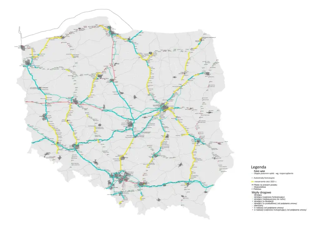 Mapa autostrad płatnych e-TOLL i koncesyjnych