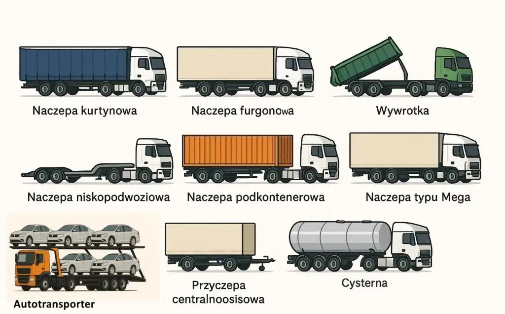 różne typy naczep ciężarowych