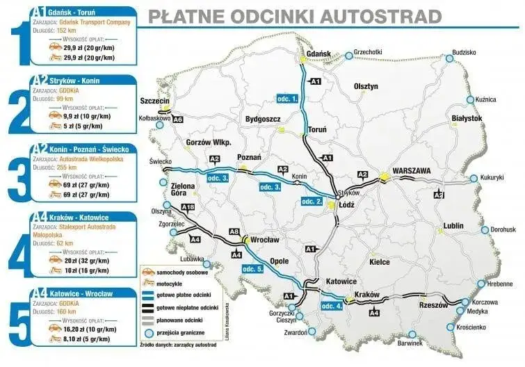 Mapa płatnych odcinków autostrady A4 Polska