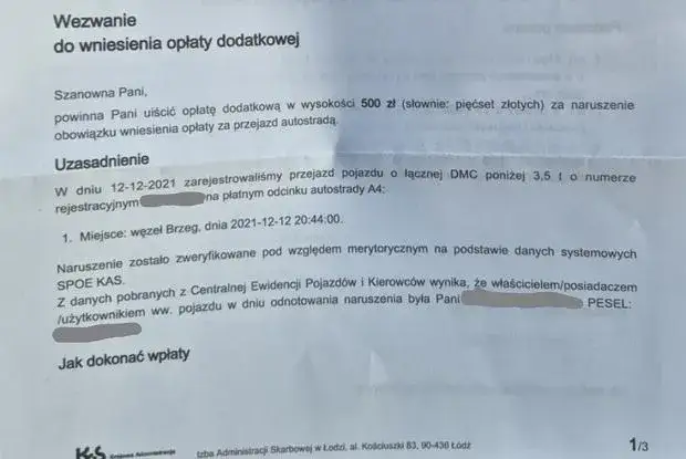 Wezwanie do zapłaty e-TOLL opłata dodatkowa