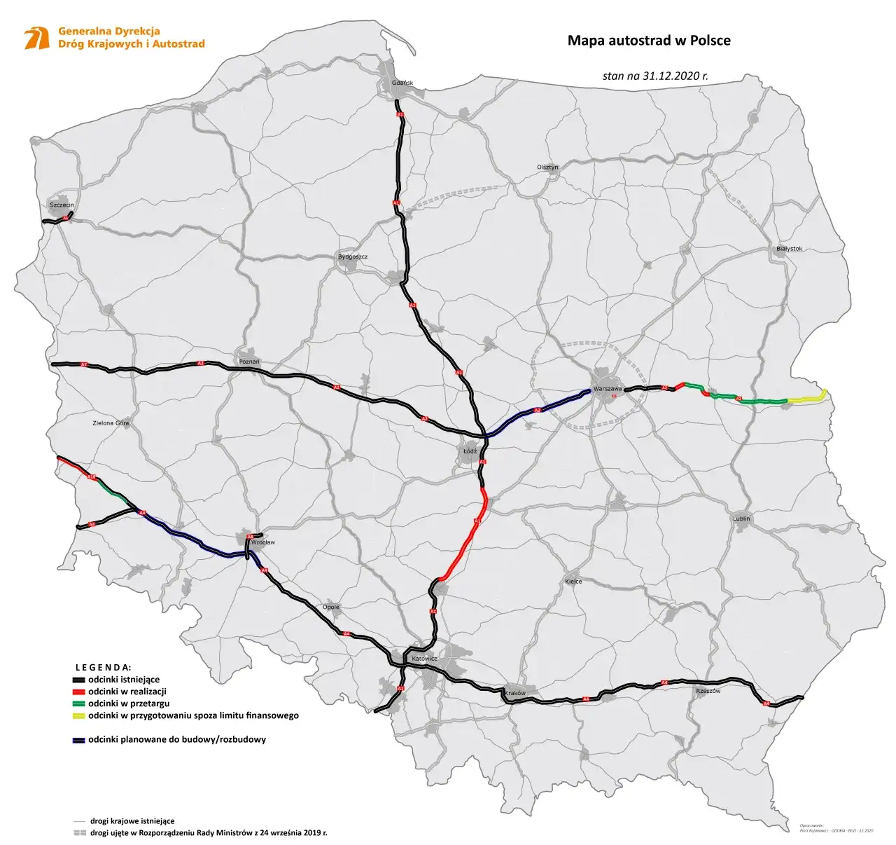 Mapa autostrad A1 A2 Polska