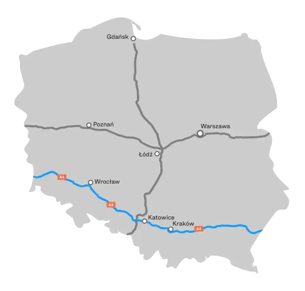 Mapa autostrady A4 z zaznaczonymi odcinkami płatnymi i darmowymi