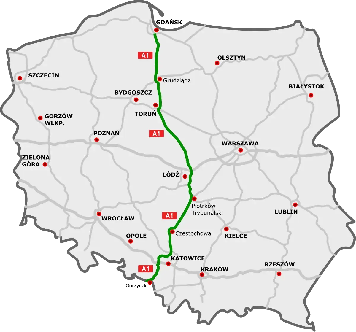 Mapa autostrady A1 w Polsce z zaznaczonym przebiegiem
