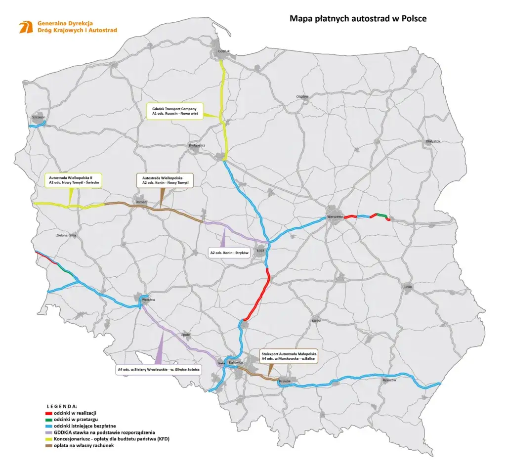 Mapa autostrady A2 z zaznaczonymi odcinkami płatnymi i darmowymi